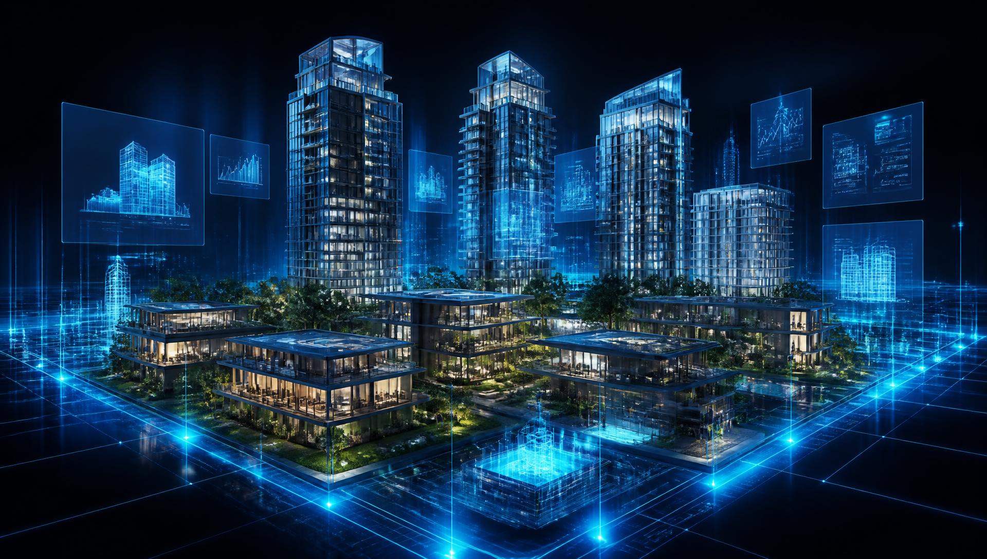 3D render of luxury Noida towers over a holographic city grid